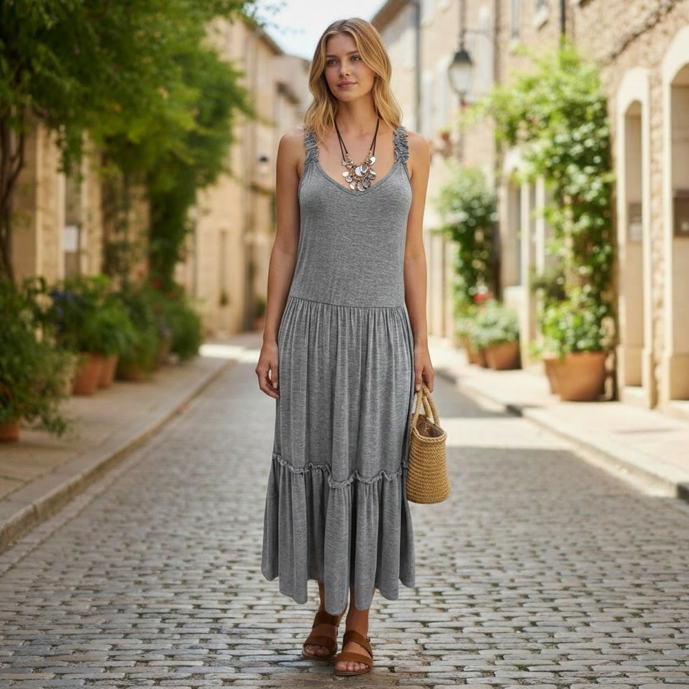 Sew In Love Gray Tiered Midi Dress Sz S Ruffle Strap Boho Bundle Necklace
